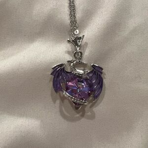 Whimsical Dragon Purple Heart Pendant Silver-Tone Necklace NEW